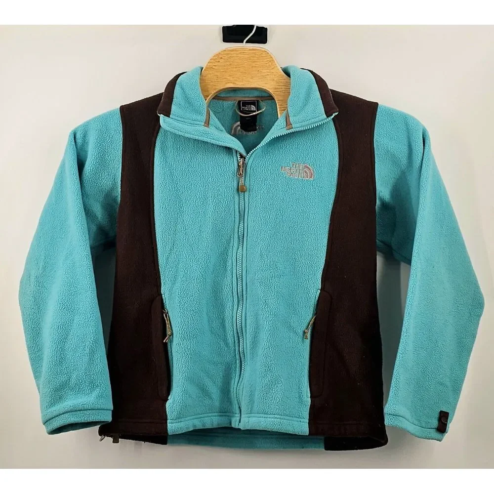 The North Face Fleece Jacket Size Medium Women Full Zip Teal / Brown Color Block